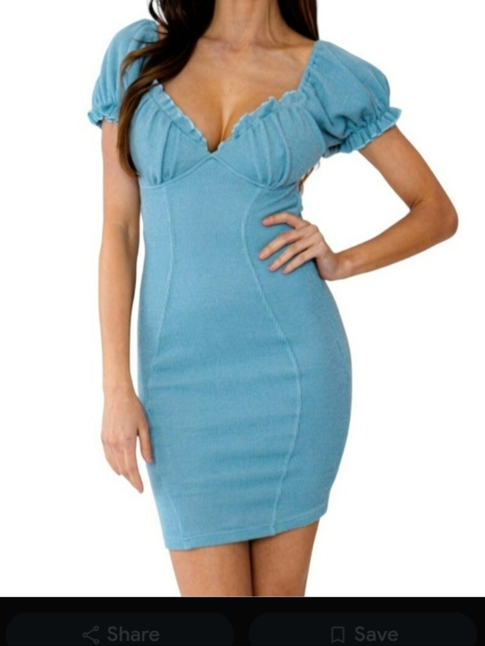 Light Blue Ribbed Puff-Sleeve Mini Dress with Sweetheart Neckline